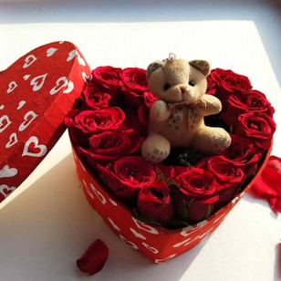 Teddy and roses inside the gift box